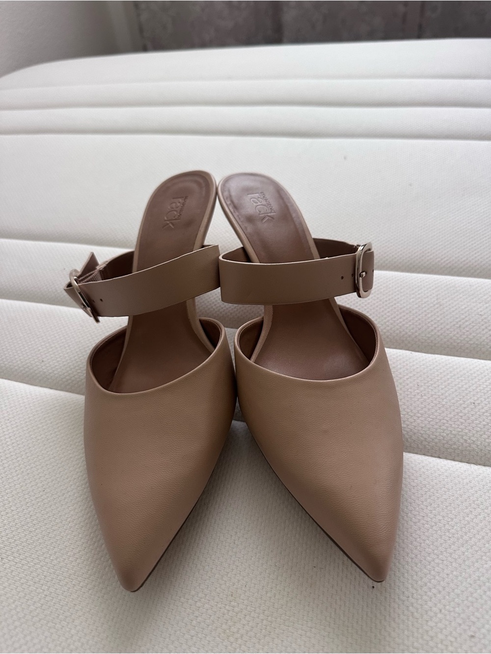 Pointed-Toe Buckle Strap Mule in Nude